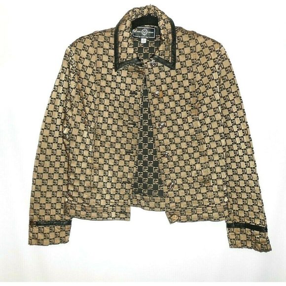 Vintage ST. JOHN SPORT By Marie Gray Leather Trim Jacket Bronze Black Monogram - Picture 1 of 12